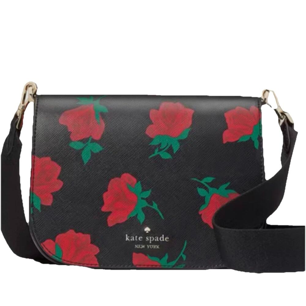 Kate Spade Madison Rose Toss Print Saddle Bag Crossbody Black Red Floral Bag NWT